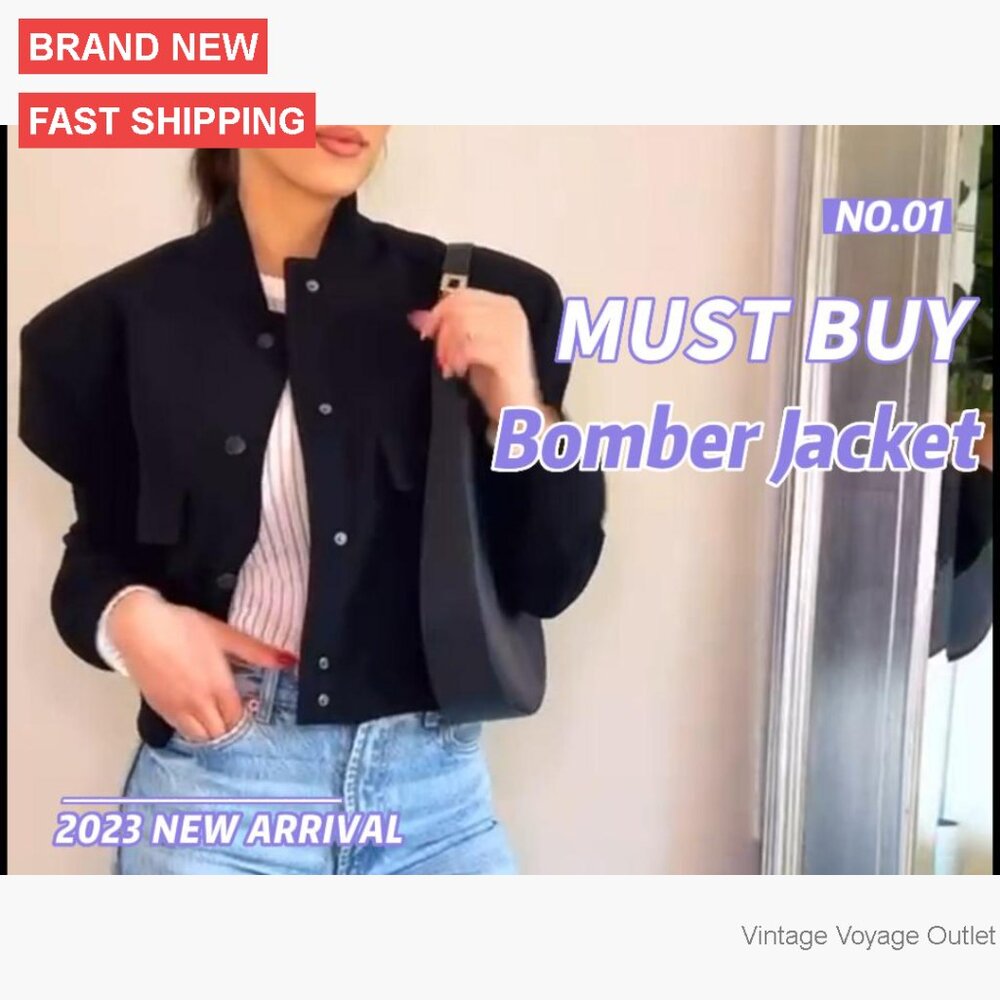 Cropped Bomber Jacket Button Down Varsity Shacket… - image 7